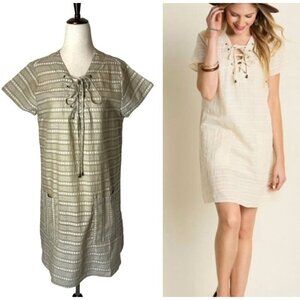 Umgee Tan And White Striped Lace‎ Up Front Short Sleeve Boho Shift Dress Size S